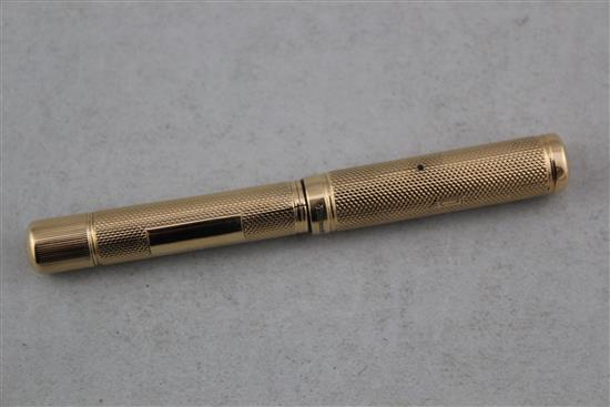 A small 9ct gold Watermans Ideal fountain pen, 3.75in.